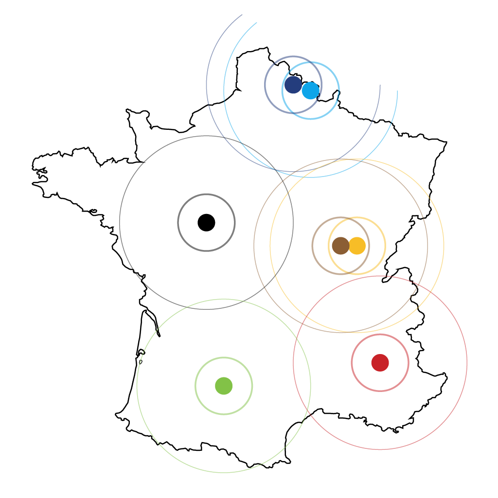 Le RED (Réseau d'Experts en Diagnostics) pour la maintenance prédictive, carte de France